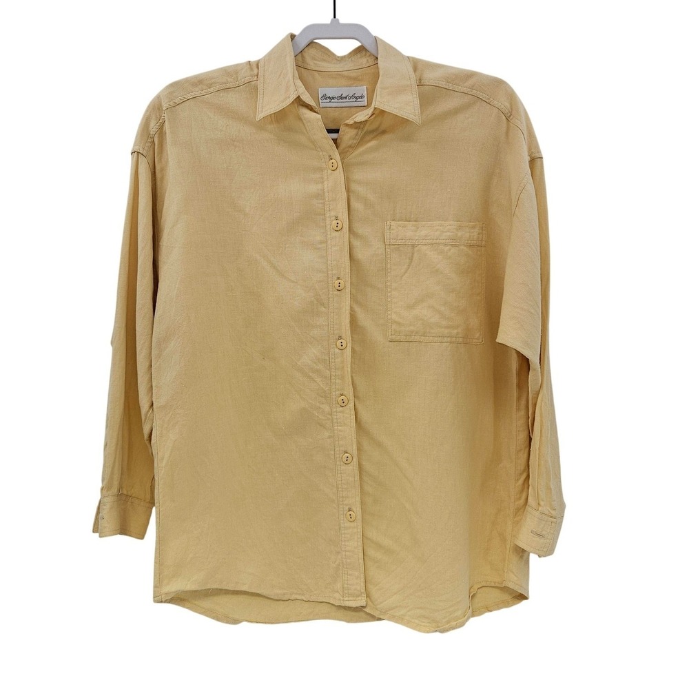 Giorgio Sant Angelo Shirt Mens Small‎ Yellow Linen Blend Button Up Casual Pocket